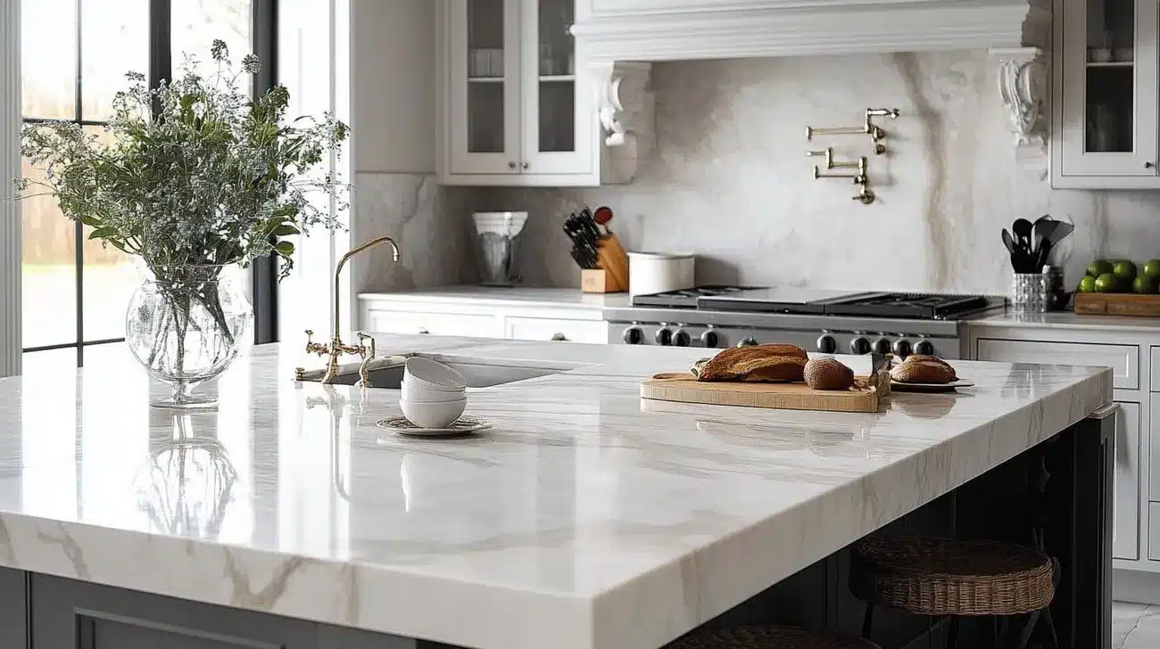 Bright kitchen with polished marble countertops, a vase of greenery, and baked goods on a wooden cutting board.
