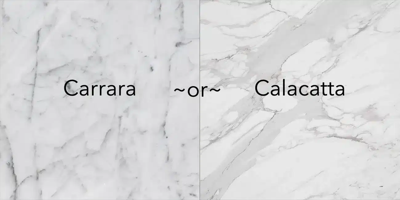 Side-by-side comparison of Carrara marble with subtle gray veining and Calacatta marble with bold, dramatic veining.